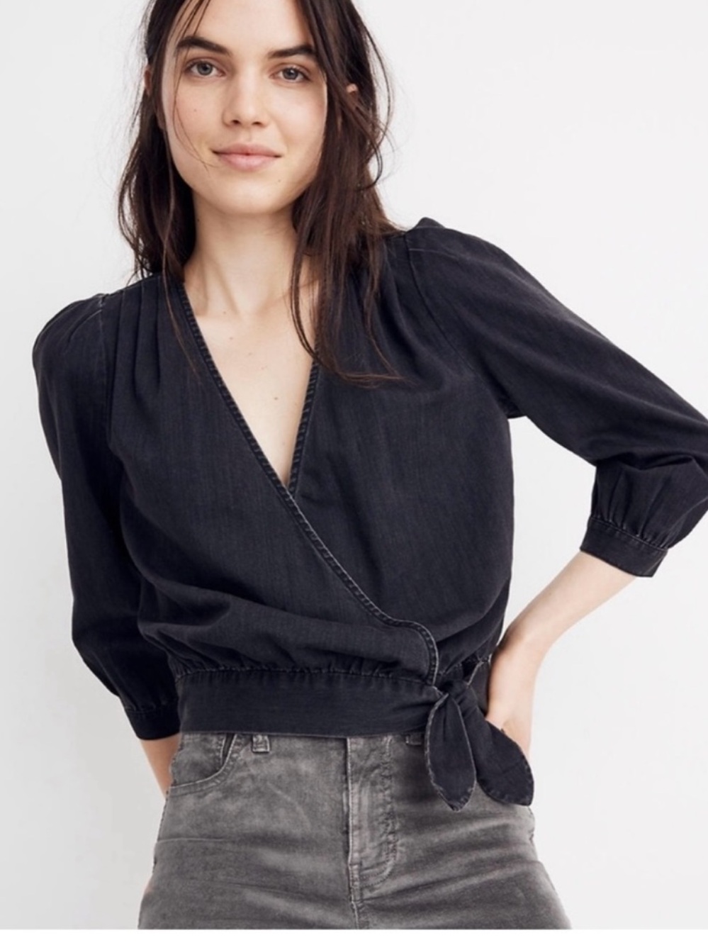 Madewell Black Denim Wrap Tie Front Blouse Puff Sleeve Size L